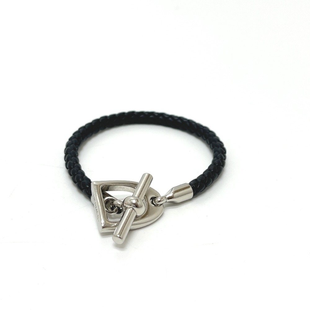 HERMES Silver Leather Charm Bracelet